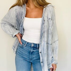 FREE PEOPLE Blue and White Striped Button Down Shirt